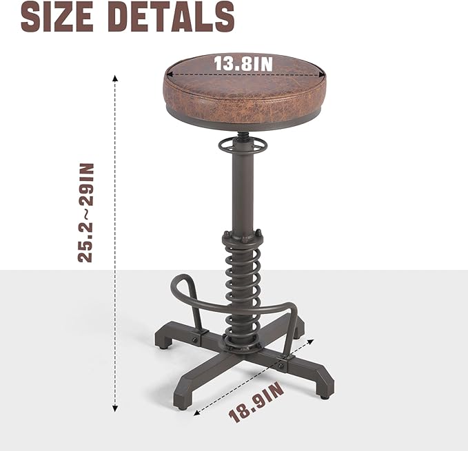 American Antique Steampunk Bar Stool 24.41"-28.35" Vintage Industrial Adjustable Swivel Backless Counter Stool for Home, Dining, Breakfast, Pub, (Heavy Duty Metal & Faux Leather, Brown & Maroon Top)