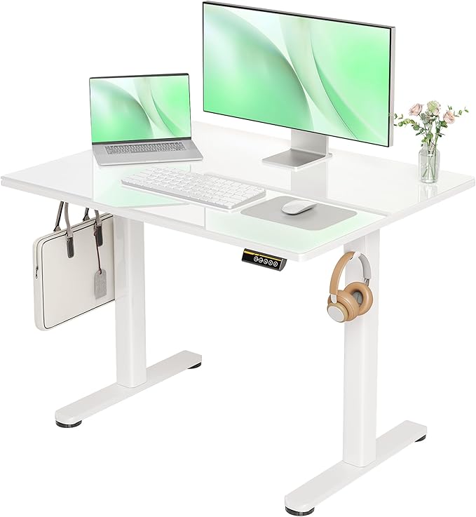 Claiks Glass Standing Desk, 40x24 Inch Small White Stand Up Desk Electric Adjustable Height Quick Install Computer Desk for Home Office, Super White