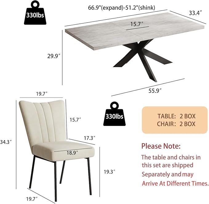 ZckyCine 51"-67" Extendable Dining Table Set with 6 Velvet Dining Chairs, Modern Rectangular Kitchen Table Set for 6-8 People, Space-Saving Expandable Dining Table with Metal Frame
