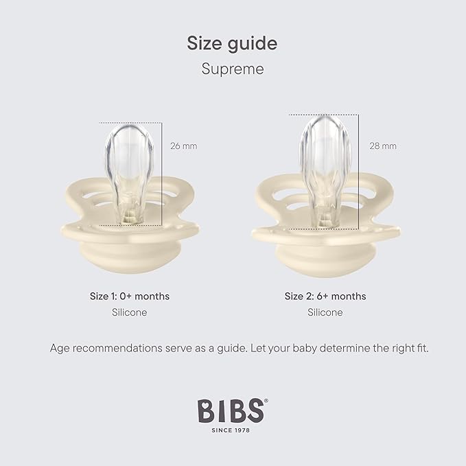 BIBS Supreme Baby Pacifier 2-Pack | Made in Denmark | BPA Free Dummy Soother, Symmetrical Nipple. Silicone, Size 1 (0-6 Months), Haze/Blossom
