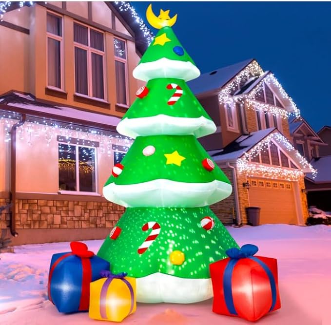 Outdoor Christmas Inflatables Decorations, 8FT Inflatable Christmas Tree with Build in Rolated Snowflake Lights, Blow up Inflatable Tree with Gift Boxes and Moon for Christmas Party Indoor, Outdoor,