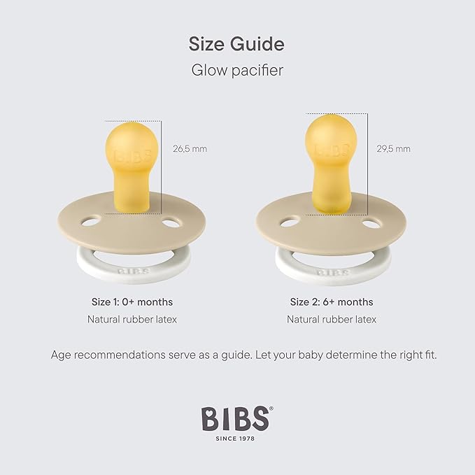 BIBS Pacifiers Colour Collection | Natural Rubber Baby Pacifier | Set of 2 BPA-Free Soothers | Made in Denmark | 18+ Months (Pack of 2) | Sage Glow/Vanilla Glow