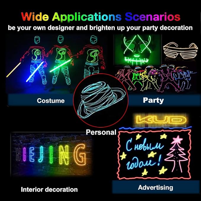 MaxLax EL Wire White 5-Pack, 9ft/2.75m Neon Light Wire with Noise Reduction and Battery Pack…