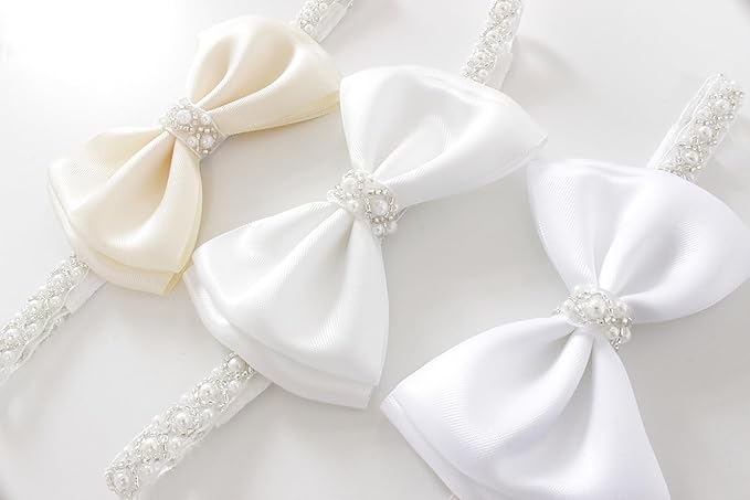 0-12 Newborn Baby Baptism Pearl Headband or Clip with Bow in WHITE Christening Headband with Satin Bow, Pearl Rhinestone Band (Light Pink(3-6Months), 1 Count (Pack of 1))