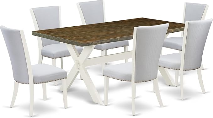 East West Furniture X077VE005-7 7 Piece Dining Table Set Consist of a Rectangle Dining Room Table with X-Legs and 6 Grey Linen Fabric Parsons Chairs, 40x72 Inch, Multi-Color