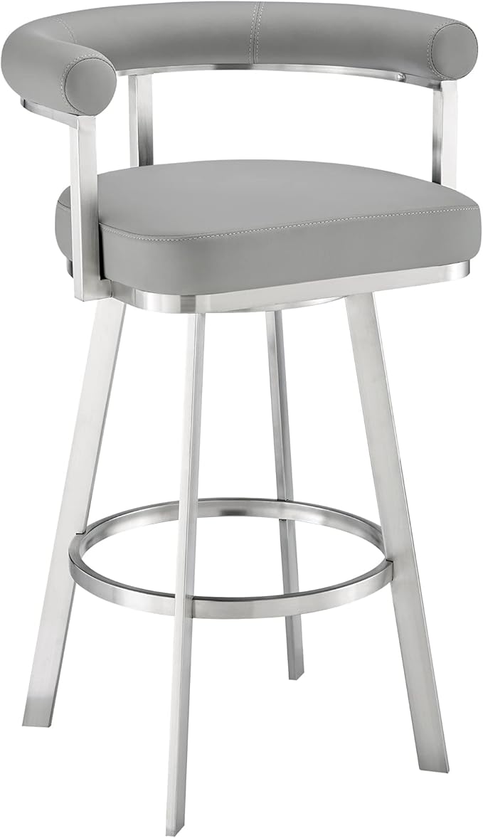 Armen Living Magnolia Swivel Counter Stool in Brushed Stainless Steel with Light Grey Faux Leather