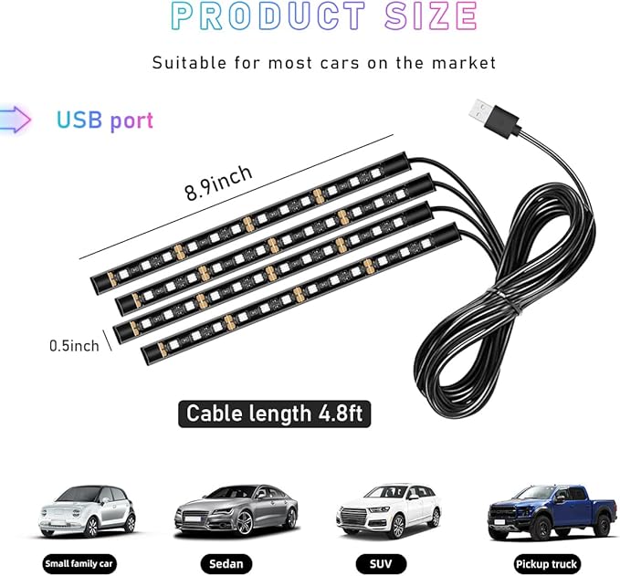 Ohleats Car LED Strip Light, 48 LED RGB Auto Interior Atmosphere Lights, Cigarette Lighter Under Dash Ambient Night Light, Interior Lamp Lighting Kit (White, USB)