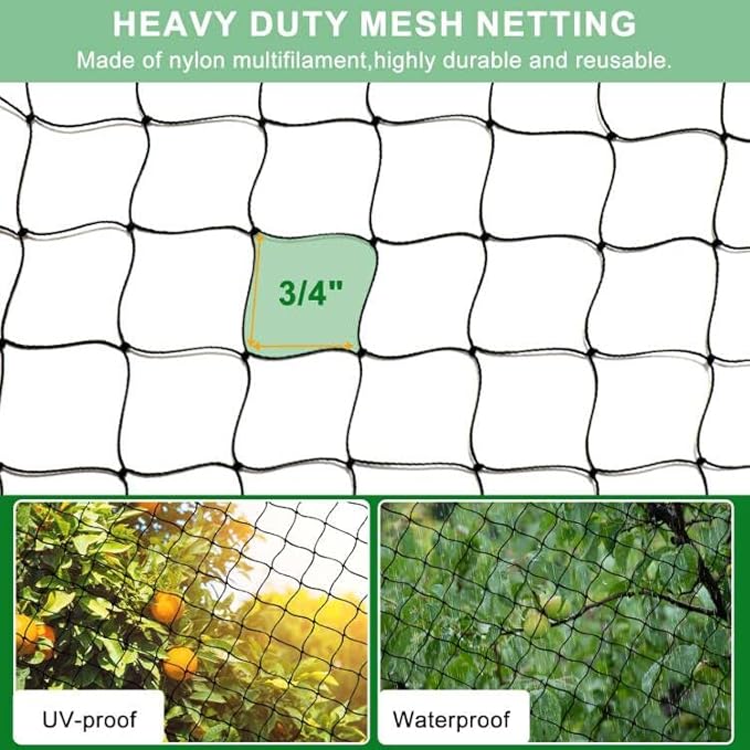 25'x25' Bird Netting for Chicken Coop, Nylon 3/4" Mesh Poultry Netting Chicken Net Roof Hawk, Aviary Net Deer Fence Pests Trellis Garden Nettings for Fruits Trees Plant