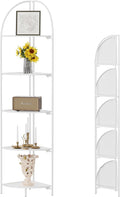 Crofy Foldable 5 Tier Corner Shelf, Metal Corner Plant Stand with White Frame and White Shelves, Corner Display Rack Multipurpose Shelving Unit for Living Room, Bedroom, Bathroom