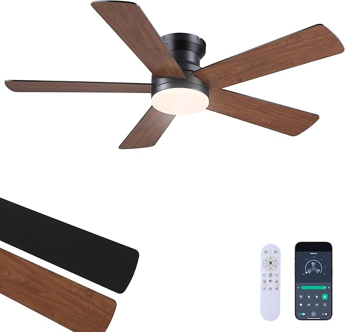 Ayaoty Flush Mount Ceiling Fan with Light and Remote/APP - 48" Low Profile Ceiling Fan with 3CCT Dimmable, 5 Reversible Blades, Modern Indoor Fan Light Fixtures for Bedroom, Kitchen