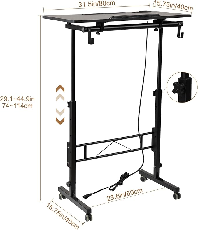 SIDUCAL Standing Desk Height Adjustable with Tiltable Tabletop, Rolling Laptop Desk with Charging Station, Sit Stand Portable Stand Up Desk with Wheels, Black