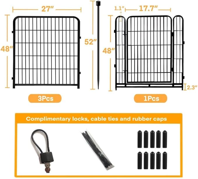 Garden Fence with Gate 48 in(H)×27 in(L) 4 Panels, Heavy Duty Iron Animal Barrier Fence, Rabbit Fence for Garden, Suitable for Indoor Pet Or Outdoor Dog Fencing, Total 8.9 Ft(L), Black