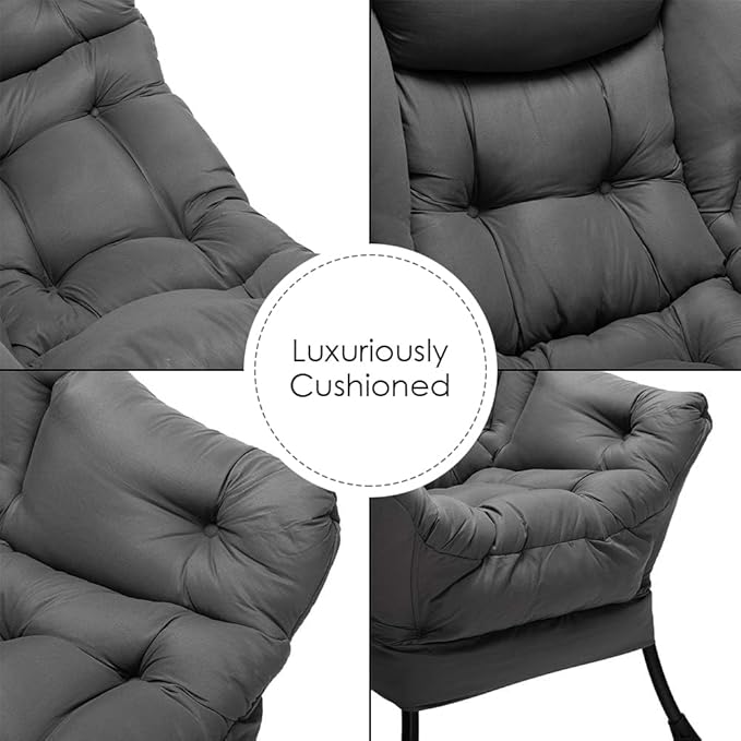 HollyHOME Fabric Lazy Chair with Foldable Ottoman, Accent Comfy Lounge Arm Chair and Folding Footrest Stool Set, Leisure Sofa Reading Chair and Footstool for Living Room, Bedroom, Dorm, Dark Grey
