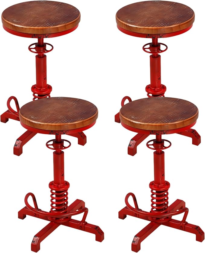 4-Piece American Antique Steampunk Bar Stool 24.41"-28.35" Vintage Industrial Adjustable Swivel Backless Counter Stool for Home, Dining, Breakfast, Pub, (Heavy Duty Metal & Wood, Aged Red, Brown Top)