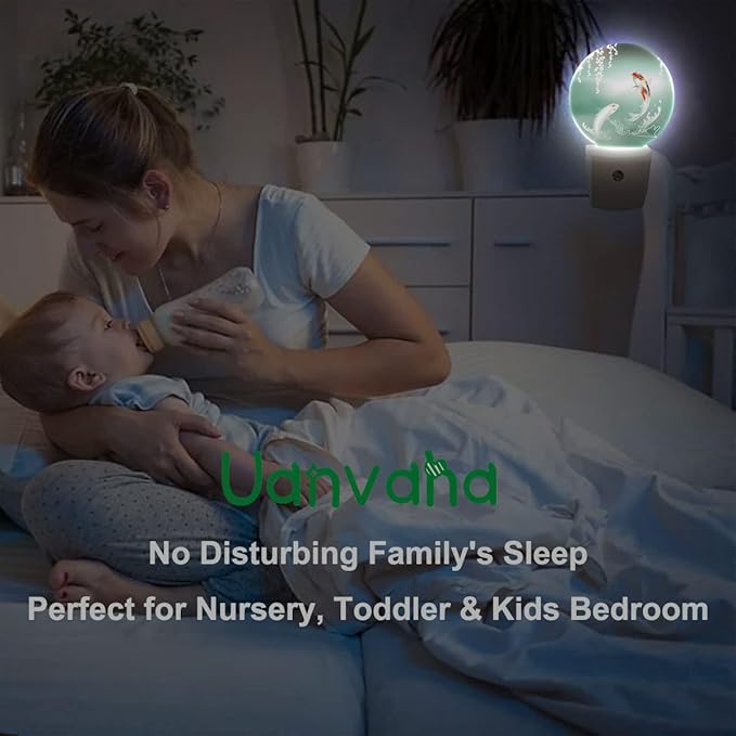 Pond Fish Night Light Two Fishes Jump Over Lake Flowers Branch Sage LED Dusk to Dawn Plug-in Nightlight Auto Sensor for Bedroom Bathroom Hallway Living Room