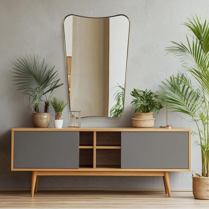 ANDY STAR 30x48 Inch Brushed Gold Mirror, Large Asymmetrical Wall Mirror, Antique Gold Mirror in Anti-Rust Stainless Steel Frame, Unique Designed Frame Ideal for Home Remodel