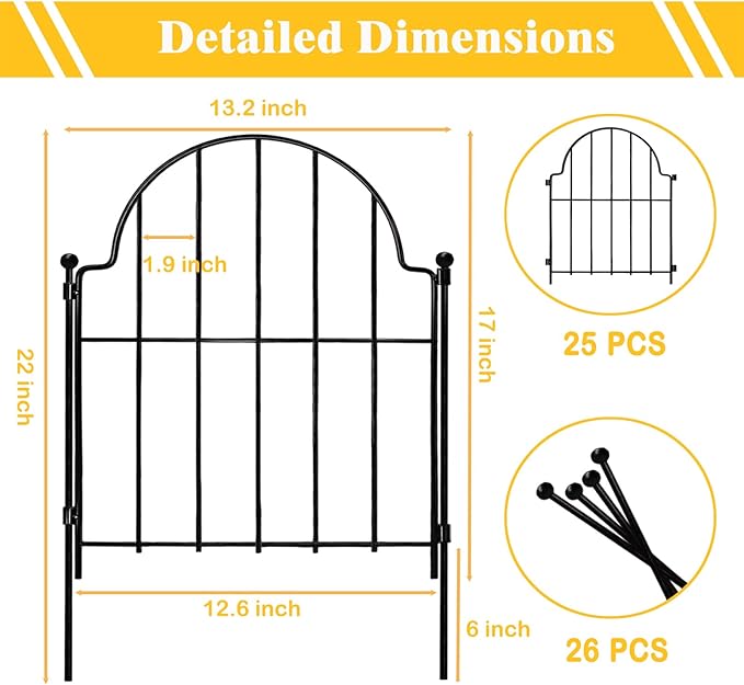 Garden Fence, 22 in(H) x 27.5 ft(L) Arched Rustproof Metal No Dig Fence Garden Fence Border,Ground Stake Animal Barrier Fence for Rabbit Dog, Outdoor Landscape Decor for Yard & Patio,25 Pack