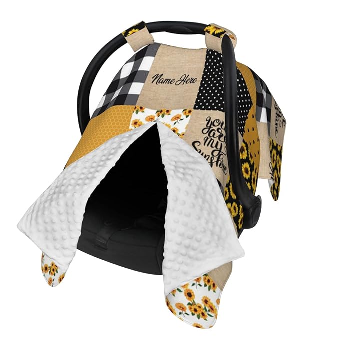 Personalized Sunflower Plaid Baby Infant Car Seats Canopy for Babies with Name, Custom Multi-use Blankets for Baby Boys Girls, Minky Nursing Breastfeeding Stroller Cover Canopies for Newborn