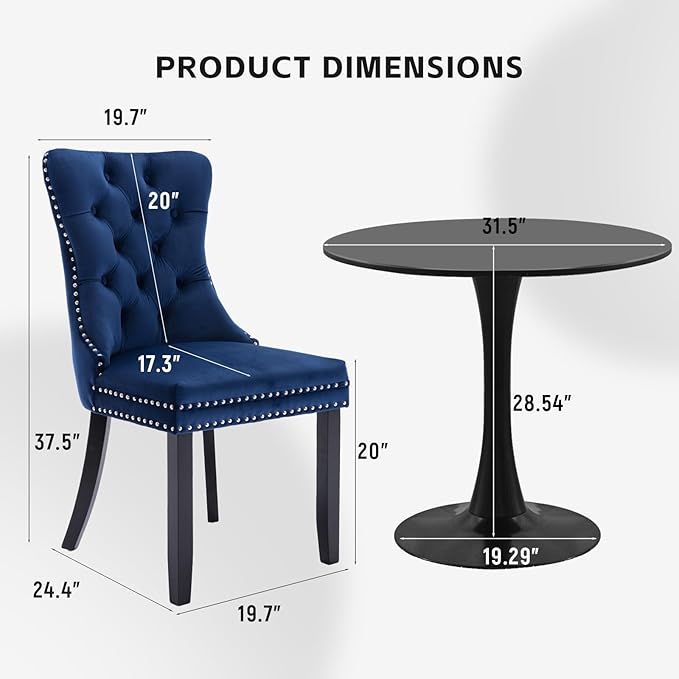 SoarFlash Kitchen Table and Chairs for 2, 31.5" Dining Table Set for 2 with Velvet Upholstered Chairs, 3 Piece Round Kitchen Table Set, Dining Room Table Set for Small Space, Apartment, Blue/Black