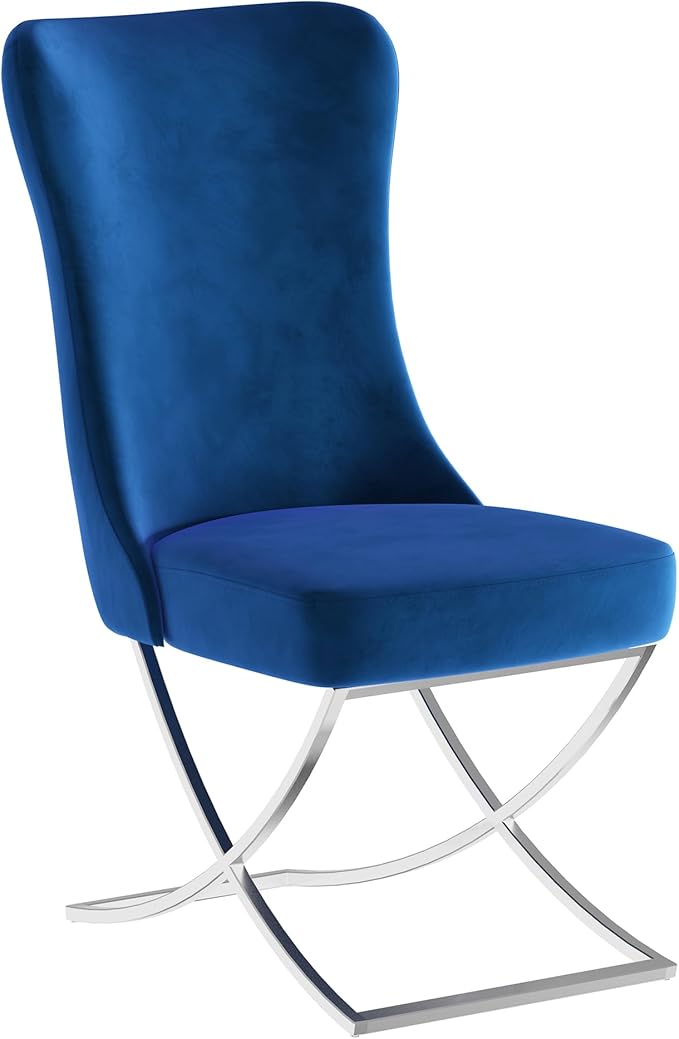 Ottomanson Royal Dining Chairs Set of 2 – Upholstered Tufted Microfiber, Assembled, Silver Metal Legs, Beech Wood Frame, 350 lb Capacity, Blue
