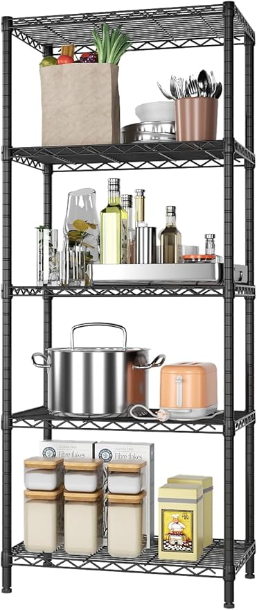 SINGAYE 5 Tier Storage Shelves Wire Shelving Unit Shelve Metal Kitchen Laundry Room Organization Home Pantry Closet Bathroom Organizers Garage Rack Estantes para Cocina 14" D x 24" W x 59.5" H Black