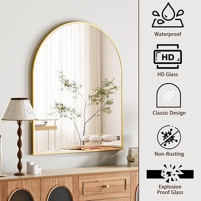 Arched Bathroom Mirror, 32x34 Inch - Wall Mounted Vanity Mirror with Aluminum Alloy Frame - Ideal for Living Room, Bedroom, Bathroom, and Entryway, Hanging or Leaning, Gold