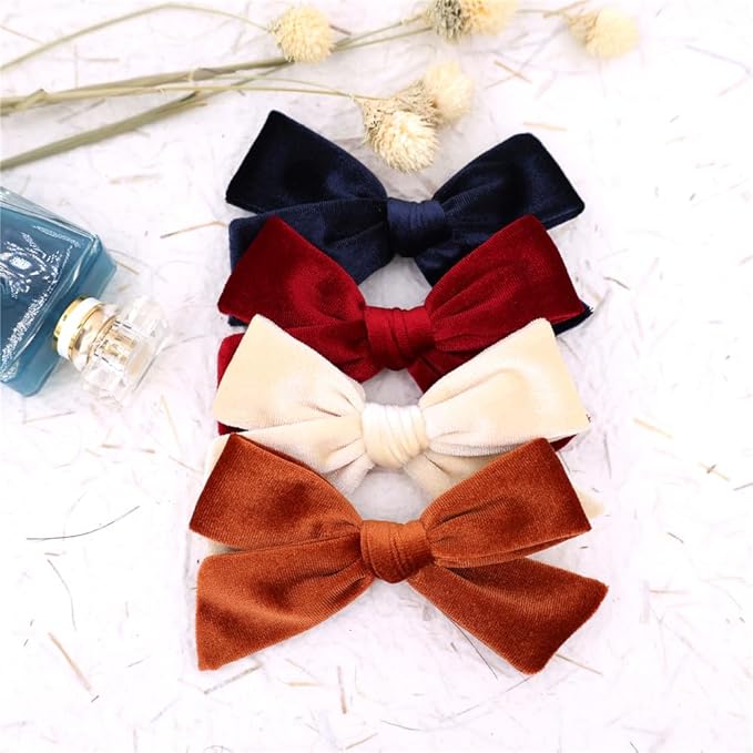Vintage Velvet Bow Hair Clips for Baby Girl Kids Women Fall Velvet Christmas Hair Bows Barrettes Accessories (4 pcs Vintage)