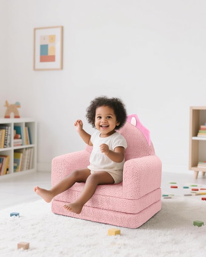 MOONBEEKI 2-in-1 Foldable Toddler Couch, Soft Sherpa Fabric with Washable Cover, Convertible Sofa to Lounger, Kids Sofa for Playroom, Bedroom, Living Room, Birthday Gift, Ages 1-3, Triceratop, Medium