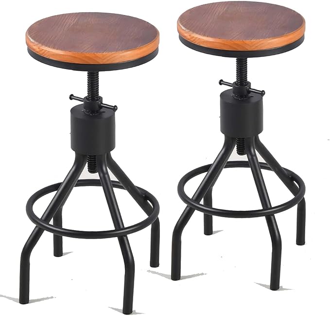 Diwhy Industrial Vintage Kitchen Counter Height Adjustable Bar Stool, Farmhouse French Stylish Kitchen Stool, Swivel Chair, Solid Wood Metal Chiar, Easy Installation, Fully Welded Set of 2 (Black)