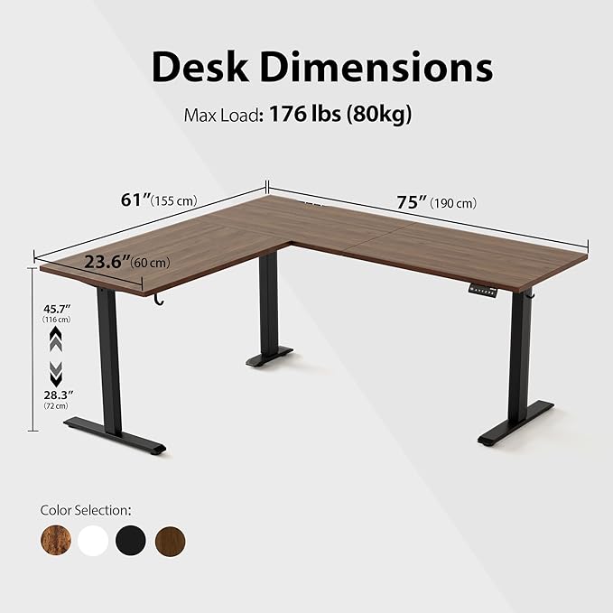 Agilestic L-Shaped Standing Desk Adjustable Height, Electric Corner Standing Desk, Sit Stand Up Desk, 75x61 inch Sit Stand Computer Table, Dark Walnut