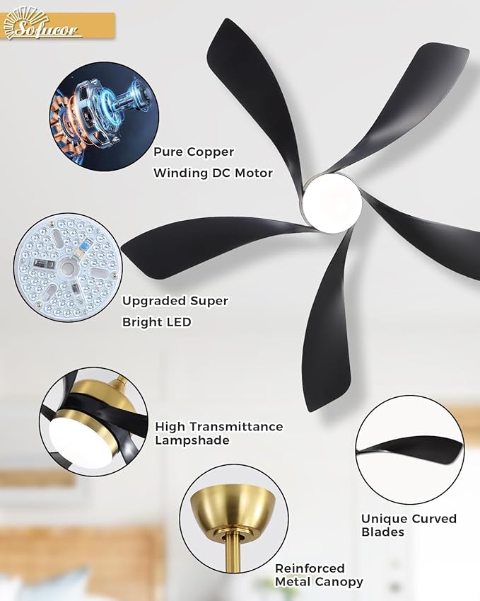 Sofucor 52" Smart Ceiling Fan, Indoor/Outdoor Ceiling Fans with Lights and Remote, Compatible with Alexa/Google/App, 3-Color Light 6-Speed Timing Reversible DC Motor for Bedroom Living Room Patio