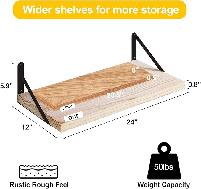 SAUMONIER Floating Shelves Bookshelf for Bedroom Bathroom Living Room Wood Wall Mounted Wide Deep Storage, Rustic Torched 24 Inch Shelves Set of 2