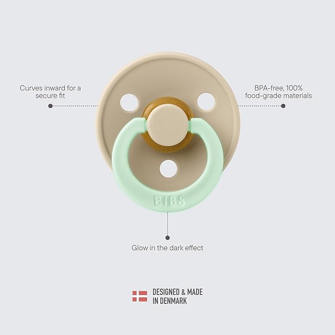 BIBS Pacifiers Colour Collection | Natural Rubber Baby Pacifier | Set of 2 BPA-Free Soothers | Made in Denmark | 18+ Months (Pack of 2) | Sage Glow/Vanilla Glow