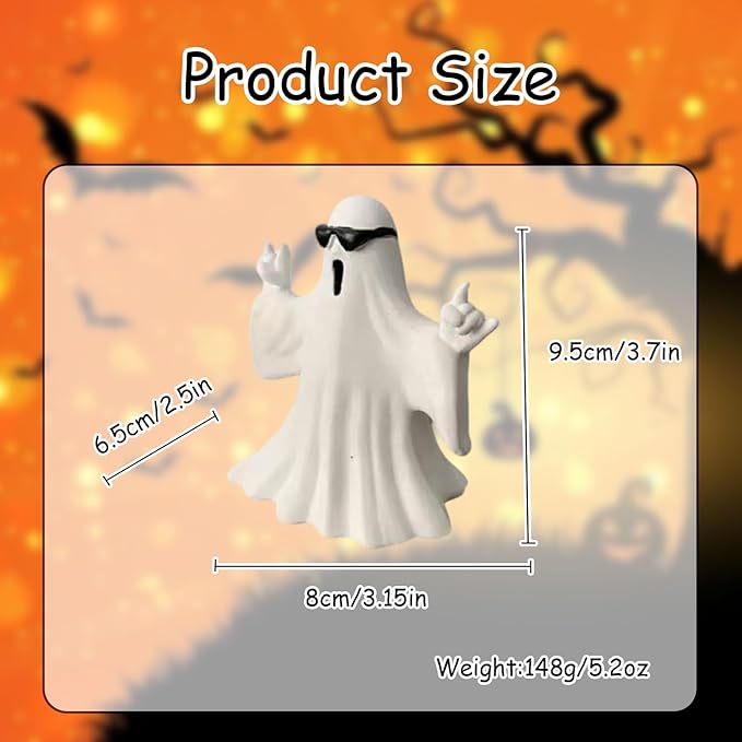 1 Pcs Halloween Ghost Figurine Cute Ghost Decor,with Sunglasses Design Funny Rock Spooky Resin Statue Cool Gestures Cute Sculpture for Halloween Tabletop Porch Party Decoration