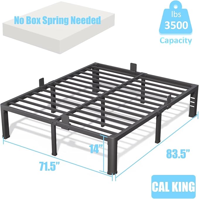 14 Inch California King Bed Frame with Rounded Corner and Headboard Hole Mattress Retainers 3500 LBS Metal Heavy Duty Steel Slats Support No Box Spring Needed Platform Noise Free Easy Assembly