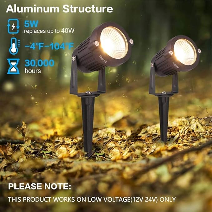 ZUCKEO Low Voltage Landscape Lights 5W LED Landscape Lighting 12V 24V Outdoor Spotlights Waterproof Garden Decorative Landscaping Warm White Lights for Patio Garden Pathway Floor Yard Decor(6 Pack)