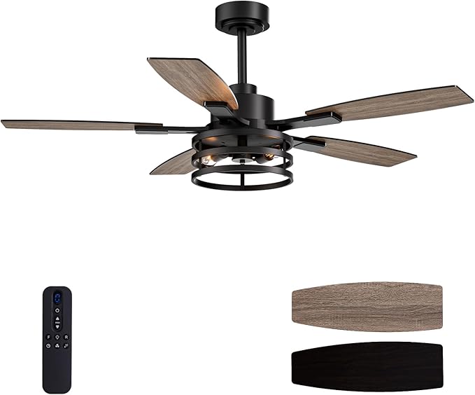 52 Inch Ceiling Fans with Lights and Remote Control, Farmhouse Ceiling Fan with LED Lighting for Bedroom Living Room and Patio, Black Caged Ceiling Fan for Indoor and Outdoor(NO Bulbs)