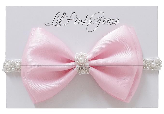 0-12 Newborn Baby Baptism Pearl Headband or Clip with Bow in WHITE Christening Headband with Satin Bow, Pearl Rhinestone Band (Pink(0-3Months), 1 Count (Pack of 1))