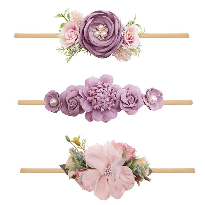 Baby Girl Headbands Nylon Flower Elastic Hairbands 3pcs Hair Accessories Gift for Newborn Infant Toddlers (YM4)