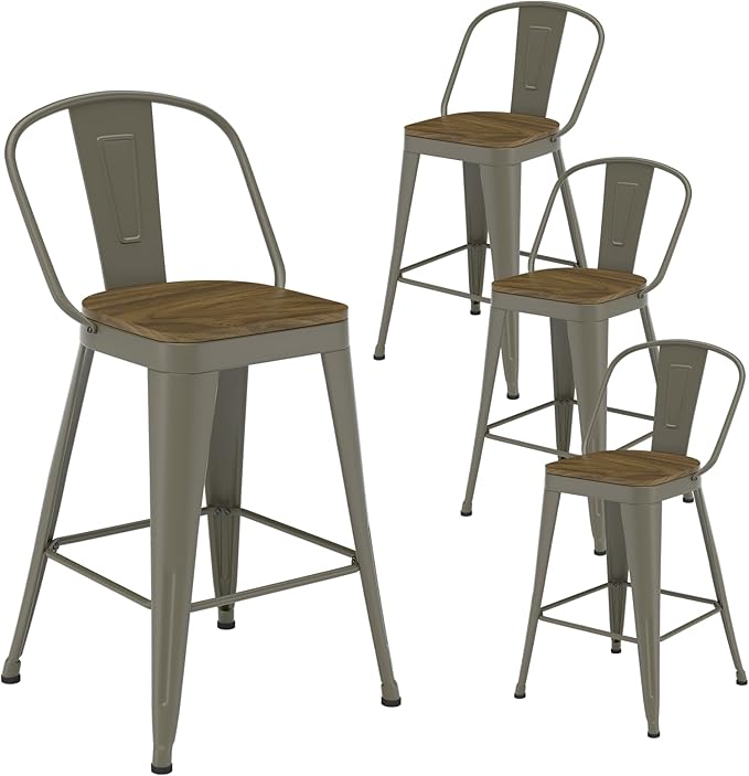 Metal Bar Stools Set of 4, High Back Bar Stools with Wooden Seat, 24 inch Rusty Barstools for Kitchen Island