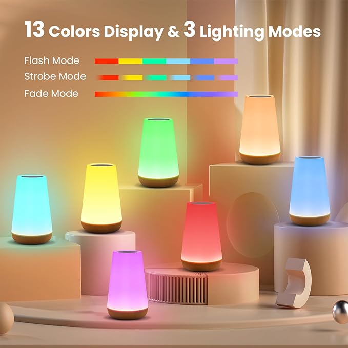 THAUSDAS Night Light, Dimmable Touch Lamp for Bedroom, Portable Table Bedside Lamp, 5 Brightness 13 RGB Colors, Night Lights for Baby Nursery Bathroom