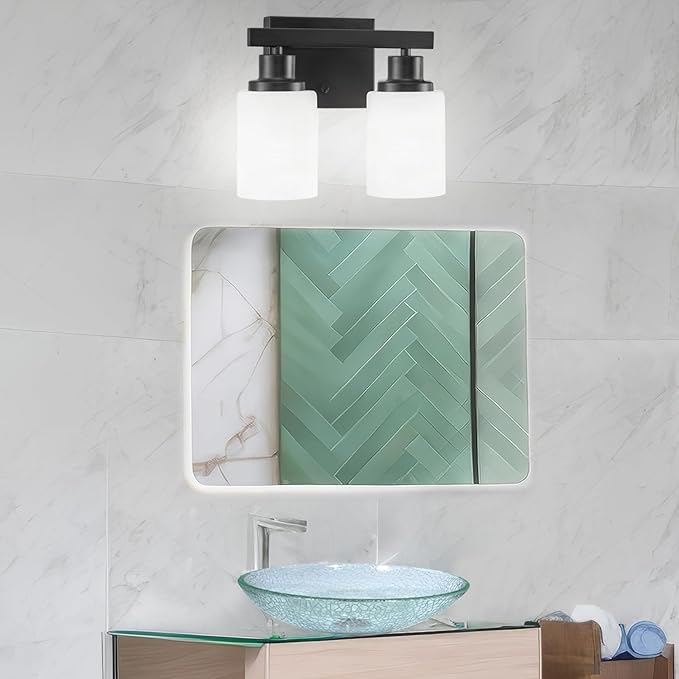 Bathroom Light Fixtures Over Mirror, 2-Light Modern Matte Black Vanity Lights with White Frosted Glass Shade, Bathroom Wall Lamp Sconces for Mirror Bedroom, Living Room Hallway Small Space