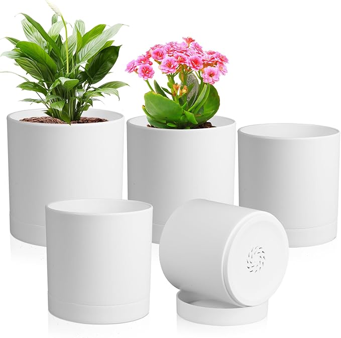 7/6.5/6/5/4 inch Flower Pots, 5 Pack Cylinder Plant Pots for Small Indoor Outdoor Plants, Plastic Planters with Drainage Holes and Saucers for Garden Succulent Nursery House Plants, White