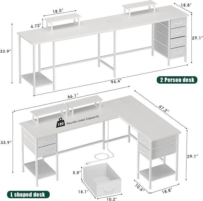 66" L Shaped Computer Desk, 94.4'' Home Office Desk with Power Outlets, 4 Adjustable Storage Drawers & 2 Monitor Stands, Large Two Person Gaming Table for Writing Study, White
