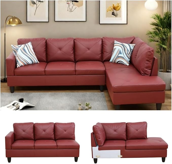NAYSAYE L Shaped Couch, Leather Modular Sectional Couch with Ottoman Storage, Modern Lounge Sofa Convertible Sectional Couches for Living Room, Apartment, Red