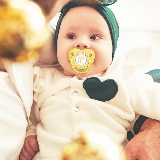 Bling Personalized Golden Baby Pacifier with Pacifier Clips and Anti-dust Cover A-Z 26 Letters(Gold,P)