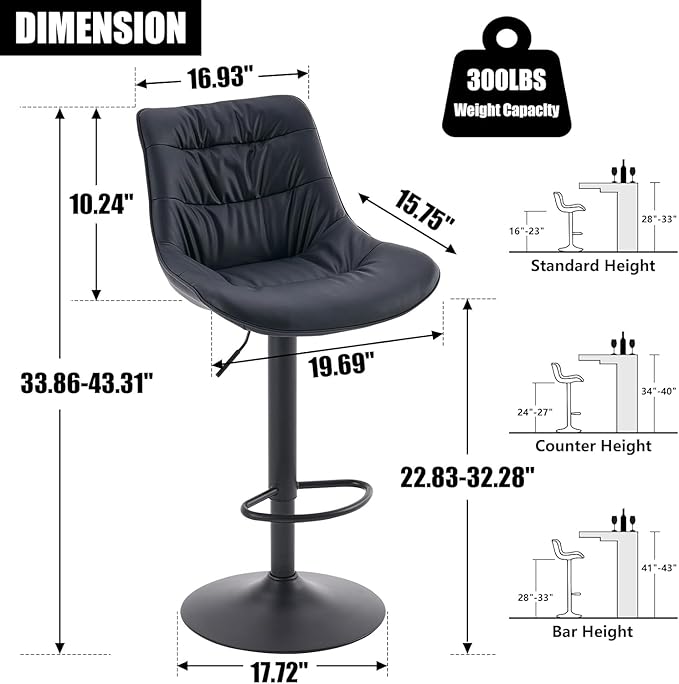 Kidol & Shellder Bar Stools Set of 2 Adjustable Swivel Black, PU Leather Upholstered with Back, Modern Counter Height Stools for Kitchen Island, Home Bar