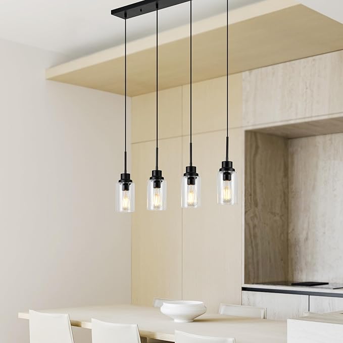 4-Lights Pendant Lighting for Kitchen Island in Black, Ceiling Light Fixtures with Adjustable Hanging Wire & Clear Glass Shades