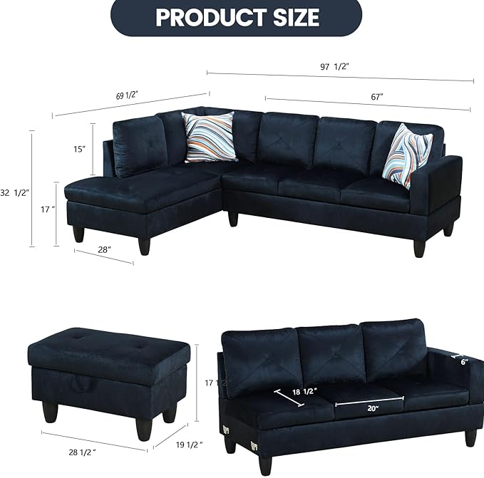L Shaped Sectional Couch with Otttoman, 97" Sectional Sofa for Living Room Modular Couches for Bedroom, Apartments