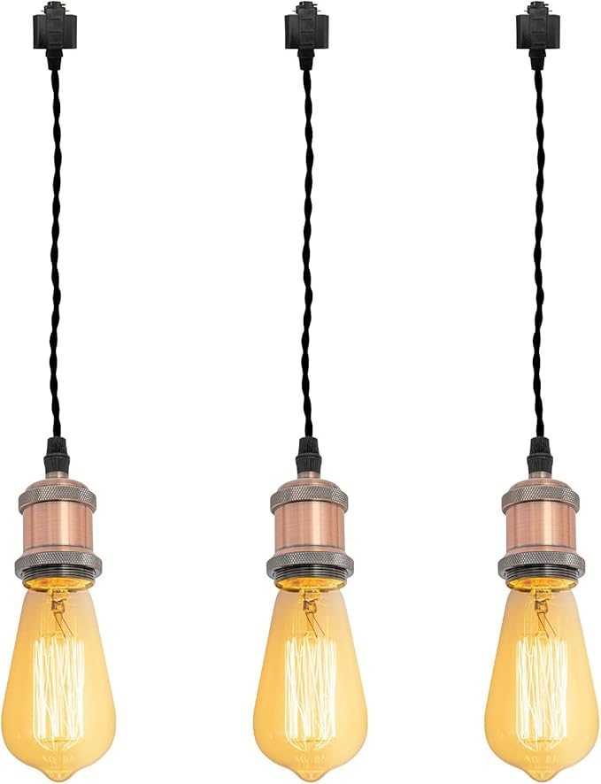 Kiven H-Type Wire Track Light Pendants, 39.4 Inch Cord Length Black Weave Rope, 3 Pack Decorative Pendant Light Industrial Factory Pendant Lamp 3 Pack,Bulb Not Included（Copper Red）